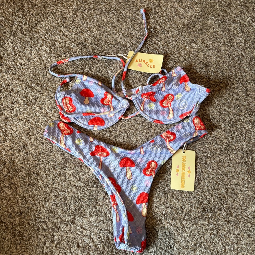 Aurelle Red Mushroom Print Bikini Set - Light Blue